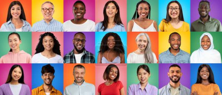 Foto de Diverse Happy People Of Different Age And Ethnicity Posing Over Colorful Backgrounds, Portraits Of Positive Multicultural Men And Women Looking And Smiling At Camera, Creative Collage, Panorama - Imagen libre de derechos
