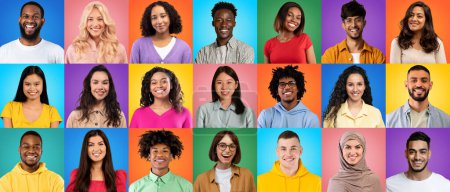Foto de Creative collage with happy multiethnic people of different age posing over colorful backgrounds, mosaic with portraits of diverse positive multicultural men and women looking and smiling at camera - Imagen libre de derechos