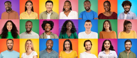 Téléchargez les photos : Happy Millennials. Group Of Joyful Young Multiethnic People Over Colorful Studio Backgrounds, Creative Collage With Diverse Cheerful Multicultural Men And Women Posing Over Bright Backdrops, Panorama - en image libre de droit