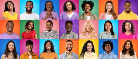 Foto de Social Diversity. Portraits Of Diverse Positive Multiethnic People Posing Over Colorful Studio Backgrounds, Creative Collage With Happy Faces Of Multicultural Young Men And Women, Panorama - Imagen libre de derechos