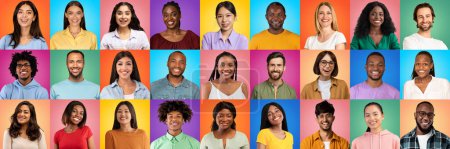 Foto de Collage With Diverse Happy Multiethnic People Faces Over Bright Studio Backgrounds, Group Of Young Multicultural Men And Women Smiling And Looking At Camera While Posing On Colorful Backdrops - Imagen libre de derechos