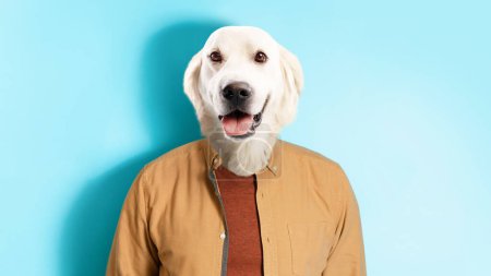 Téléchargez les photos : Man in smart casual outfit with happy dog white labrador head on blue studio background with human shadow on the wall behind, panorama with copy space, funny collage - en image libre de droit
