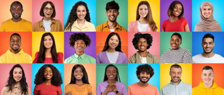 Foto de Group of happy people of different nationalities and cultures posing over colorful backgrounds, creative collage with diverse multiethnic men and women looking and smiling at camera, panorama - Imagen libre de derechos