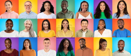 Foto de Different happy multiethnic people standing isolated over bright multicolored backgrounds, creative collage with joyful faces of diverse men and women posing on colorful backdrops, panorama - Imagen libre de derechos