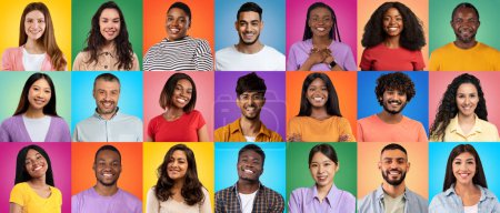 Téléchargez les photos : Creative Collage Of Multiethnic People Portraits With Happy Faces Over Colorful Backgrounds, Diverse Young Multicultural Men And Women Smiling At Camera While Posing Over Colorful Backdrops, Panorama - en image libre de droit