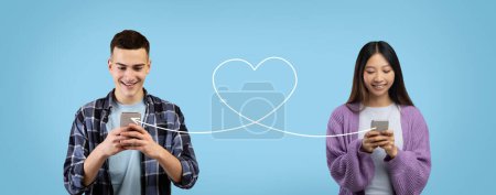 Photo for Dating Application. Happy Young Couple Texting On Smartphones Connected With Drawn Heart Shape String, Romantic Man And Woman Sending Love Messages While Standing On Blue Backgound, Collage - Royalty Free Image