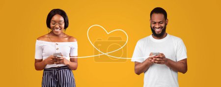 Photo for Happy Black Couple Messaging On Smartphones Connected With Drawn Heart Shape String, Smiling African American Man And Woman Browsing Modern Dating Application, Standing On Orange Background, Collage - Royalty Free Image