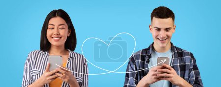 Téléchargez les photos : Dating App. Asian Woman And White Man Chatting Online On Smartphones, Creative Collage With Interracial Couple Sending Messages To Each Other Via Mobile Phones Connected With Drawn Heart Shape String - en image libre de droit