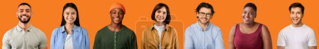 Téléchargez les photos : Collection of studio photos of attractive multiethnic millennials men and women in various outfits smiling at camera over orange background, collage, web-banner. Young people lifestyles concept - en image libre de droit