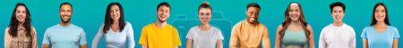 Foto de Set of studio photos of attractive multiethnic millennials men and women in various outfits smiling at camera over turquoise background, collage, web-banner. Young people lifestyles concept - Imagen libre de derechos
