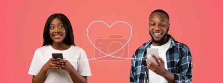 Foto de Cheerful Black Young Woman Sending Romantic Message To Her Happy Boyfriend, Loving African American Couple Messaging Online With Smartphones Connected With Drawn Heart Shape String, Collage - Imagen libre de derechos