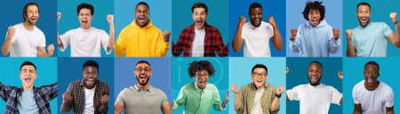 Foto de Conjunto de fresco multirracial millennial chicos celebrando el éxito en azul fondos de estudio, jóvenes felices levantando las manos y gritando, disfrutando de ganar, colección de fotos, collage, web-banner - Imagen libre de derechos