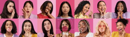 Foto de Colección de atractivas mujeres jóvenes multirraciales con diferentes peinados de muecas y gestos en fondos de estudio de color rosa, conjunto de fotos, collage, banner web para la sociedad femenina - Imagen libre de derechos