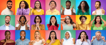 Photo for People Of Different Ethnicity Expressing Emotion Of Excitement While Standing Isolated Over Colorful Backgrounds, Multicultural Men And Women Grimacing And Gesturing Over Bright Backdrops, Collage - Royalty Free Image