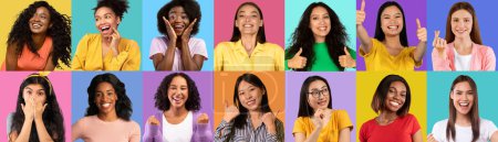Foto de Conjunto de fotos brillantes de atractivas mujeres jóvenes multiculturales stylidh posando en diversos fondos de estudio coloridos, muecas y gestos, compartiendo emociones positivas, banner web, collage - Imagen libre de derechos
