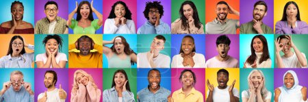 Téléchargez les photos : Creative Collage With Multiethnic Men And Women Expressing Different Emotions While Posing Isolated Over Colorful Backgrouns, Diverse People Grimacing And Gesturing At Camera, Panorama - en image libre de droit