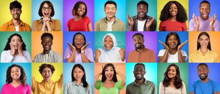 Téléchargez les photos : Diverse Excited Multiethnic People Posing Over Colorful Studio Backgrounds, Creative Collage With Happy Multicultural Men And Women Expressing Different Positive Emotion Over Bright Backdrops - en image libre de droit