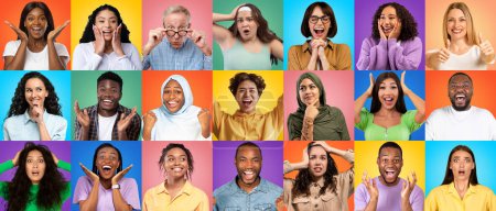 Foto de Multiethnic people showing diverse positive and negative emotions while posing isolated over colorful backgrounds, men and women of different age grimacing over bright backdrops, collage - Imagen libre de derechos