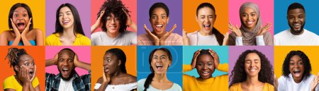 Téléchargez les photos : Multiracial young people beautiful carefree stylish men and women showing happiness, amazement, joy, posing on colorful studio backgrounds, collection of photos, panorama, collage - en image libre de droit