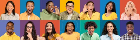 Téléchargez les photos : Collection of multiracial beautiful young men and women in casual outfits grimacing and gesturing over colorful studio background, millennials expressing diverse emotions, collage, banner - en image libre de droit