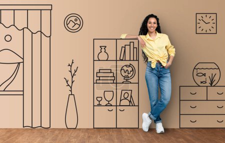 Photo for Beautiful happy young brunette woman in casual wear smiling at camera over nice living room interior doodles. Panorama, collage. Cozy home interior, real estate, relocation concept - Royalty Free Image
