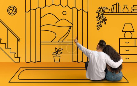 Photo for Man And Woman Hugging Over Yellow Background With Interior Sketch, Couple Relaxing On Floor In Studio, Unrecognizable Young Family Demonstrating House Of Their Dreams, Panorama, Collage, Back View - Royalty Free Image