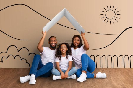 Photo for Family Care And Protection Concept. Portrait of smiling black parents holding and sitting under symbolic cardboard roof above them and happy daughter, landscape doodles background, collage - Royalty Free Image