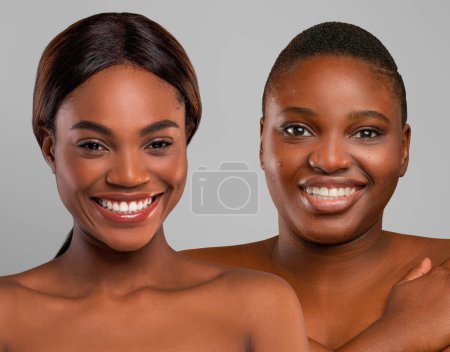 Photo for Body positive, slimming and weight loss concept. Cheerful slim and plus size young african american ladies posing naked on grey studio background, smiling at camera, closeup shot, collage - Royalty Free Image