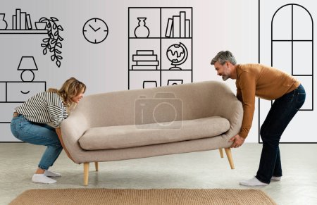 Téléchargez les photos : Happy Middle Aged Couple Putting Sofa Together After Renovation At Home. Husband And Wife Furnishing Their Living Room And New House. Interior Design Doodles Background, Collage - en image libre de droit