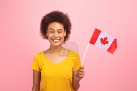 Téléchargez les photos : Smiling pretty young african american curly female in yellow t-shirt with Canada flag, isolated on pink background, studio. Exchange studies, education, language learning and courses, ad and offer - en image libre de droit