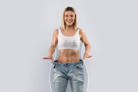 Photo for Weight loss, slimming, diets, detox, sport, fitness, healthy lifestyle concept. Emotional happy attractive slender middle aged blonde woman in big jeans over grey background, collage, copy space - Royalty Free Image