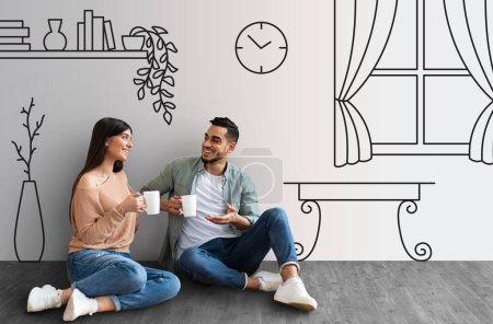 Téléchargez les photos : Happy young middle eastern lovers sitting on floor at new empty apartment, drinking coffee and having conversation over interior sketch, cheerful couple moving to new house, collage - en image libre de droit