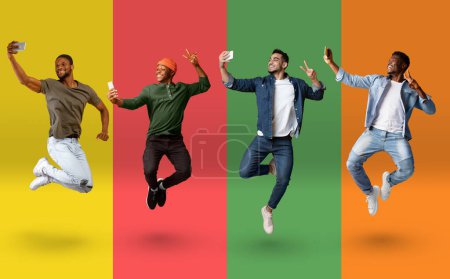 Téléchargez les photos : Cheerful multiethnic guys jumping and taking selfie on smartphones over colorful backgrounds, diverse positive young men having fun and showing v-sign gestures at mobile camera, collage - en image libre de droit