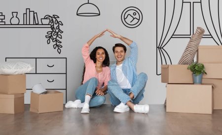 Photo for Happy beautiful couple making roof holding hands join arms above head as symbol of new home sitting on floor with carton boxes, smiling husband and wife relocating moving in dream house, collage - Royalty Free Image