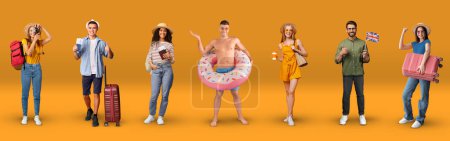 Foto de Multiracial young tourists happy cheerful young men and women posing on orange studio background, collection of full length photos, collage for travelling, tourism concept, banner - Imagen libre de derechos