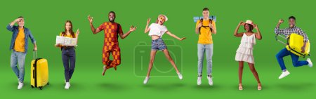 Photo for Travelling, tourism. Diverse multiethnic millennial people tourists jumping in the air, collage. Set of studio shots of happy young men and women travelers have vacation, green background, panorama - Royalty Free Image
