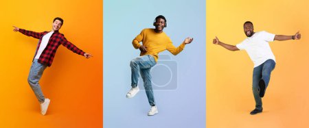 Téléchargez les photos : Set Of Multiethnic Cheerful Men Dancing Over Colorful Studio Backgrounds, Creative Collage With Diverse Positive Males Listening Music And Having Fun While Posing Over Bright Backdrops, Panorama - en image libre de droit