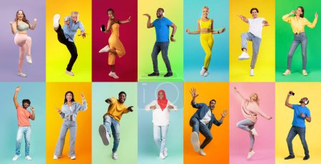 Téléchargez les photos : Collage With Happy Multiethnic Young People Having Fun Over Colorful Backgrounds, Full Length Shots Of Diverse Multicultural Men And Women Dancing, Exercising And Listening Music, Panorama - en image libre de droit