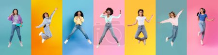 Téléchargez les photos : Overjoyed Multiethnic Ladies Jumping In Air Over Bright Studio Backgrounds, Full Length Shots Of Diverse Happy Young Women Having Fun Over Colorful Backdrops, Creative Collage, Panorama - en image libre de droit