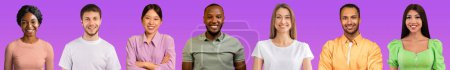 Foto de Millennials concept. Smiling attractive multiracial young men and women in casual outwear posing on purple studio background, set of avatars, collage, panorama - Imagen libre de derechos
