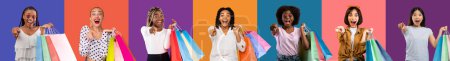 Téléchargez les photos : Happy shocked diverse young women with open mouths hold packages with purchases, point finger at camera, enjoy shopping, isolated on colorful background, studio. Sale, ad and offer, your choice, turn - en image libre de droit