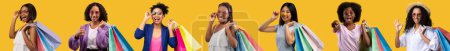 Téléchargez les photos : Smiling multiethnic young ladies with bags with purchases show thumb up, ok sign, enjoy shopping isolated on yellow background, studio, panorama. Emotions from sale, recommendation buy, ad and offer - en image libre de droit