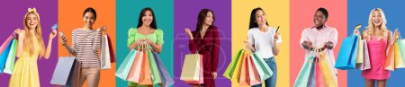 Foto de Smiling international young ladies hold many packages with purchases and credit card, enjoy shopping isolated on colorful background, studio, panorama. Huge sale, shopaholic and fashion, ad and offer - Imagen libre de derechos