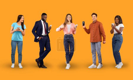 Foto de Creative Collage With Diverse Multiethnic People Talking Or Messaging On Smartphones, Happy Young Men And Women Using Cellphones For Online Communication While Standing On Orange Background, Collage - Imagen libre de derechos