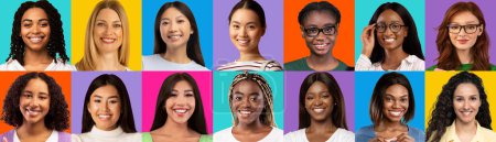 Foto de Set Of Diverse Happy Women Portraits Over Colorful Backgrounds, Creative Collage With Joyful Multicultural Females Of Different Age And Ethnicity Looking At Camera And Smiling, Panorama - Imagen libre de derechos