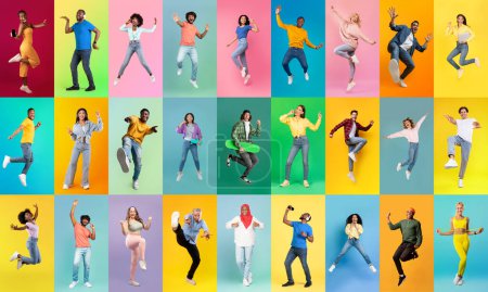 Photo for Happy Emotions. Group Of Cheerful Multiethnic People Posing Over Colorful Backgrounds, Full Length Shots Of Diverse Positive Young Men And Women Having Fun And Fooling In Studio, Collage - Royalty Free Image