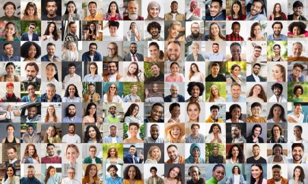 Foto de Diversity concept. Mosaic of cheerful multiracial people men different ages posing outdoors and indoors, smiling at camera, showing positive emotions, collage, collection of closeup photos - Imagen libre de derechos