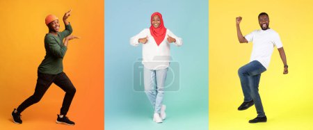 Foto de Cheerful Black People Fooling And Having Fun Over Colorful Backgrounds, Two Positive African American Men Muslim Woman In Hijab Dancing And Showing Thumbs Up At Camera, Collage, Panorama - Imagen libre de derechos
