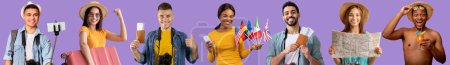 Foto de Travelling, tourism, vacation concept. Collection of studio photos of happy multiethnic young men and women travelling overseas, have journey abroad, posing on purple background, collage, web-banner - Imagen libre de derechos