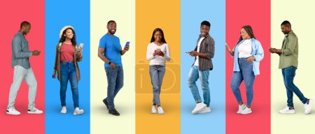 Photo for Cheerful young black people in casual chatting on smartphone, surfing in internet on colorful background, studio, panorama, full length. App and gadget for communication, work and social networks - Royalty Free Image